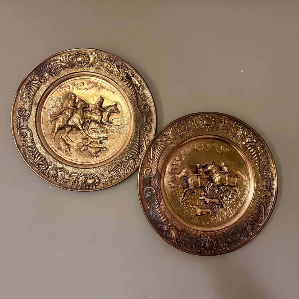 2 Vintage Embossed Brass Wall Plates Equestrian Hunting Theme 14 inch England